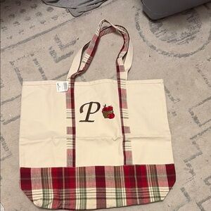 Canvas Tote Bag with Red Plaid Trim and Apple Monogram